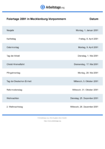 Feiertage Mecklenburg-Vorpommern 2091 DIN A0
