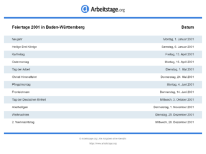 Feiertage 2001 Baden-Württemberg