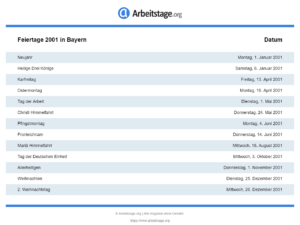 Feiertage 2001 Bayern