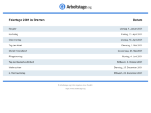 Feiertage 2001 Bremen