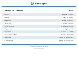 Feiertage 2001 Hessen