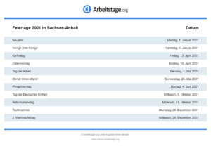 Feiertage 2001 Sachsen-Anhalt