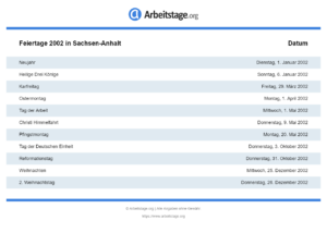 Feiertage 2002 Sachsen-Anhalt