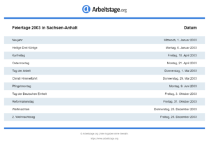 Feiertage 2003 Sachsen-Anhalt