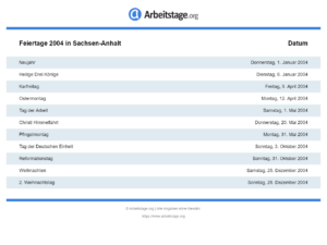 Feiertage 2004 Sachsen-Anhalt