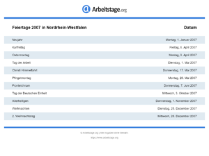 Feiertage 2007 Nordrhein-Westfalen