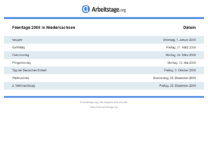 Feiertage 2008 Niedersachsen