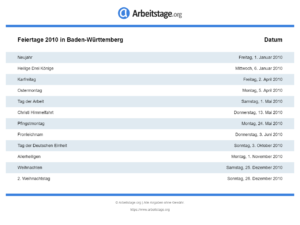 Feiertage 2010 Baden-Württemberg