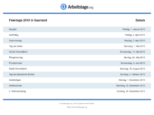 Feiertage 2010 Saarland