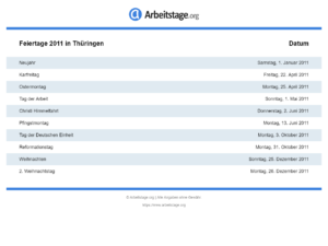 Feiertage 2011 Thüringen