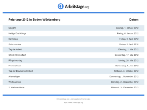 Feiertage 2012 Baden-Württemberg