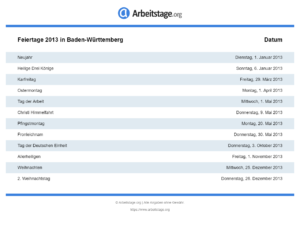 Feiertage 2013 Baden-Württemberg