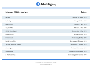 Feiertage 2013 Saarland