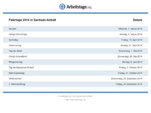 Feiertage 2014 Sachsen-Anhalt