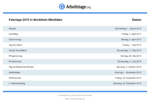 Feiertage 2015 Nordrhein-Westfalen