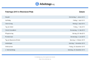 Feiertage 2015 Rheinland-Pfalz