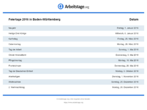 Feiertage 2016 Baden-Württemberg