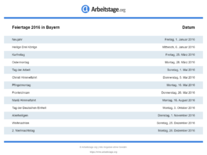 Feiertage 2016 Bayern