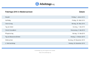 Feiertage 2016 Niedersachsen