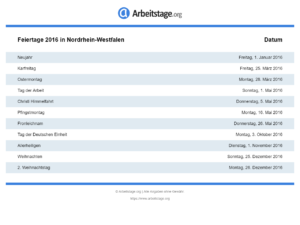 Feiertage 2016 Nordrhein-Westfalen