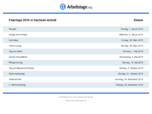 Feiertage 2016 Sachsen-Anhalt