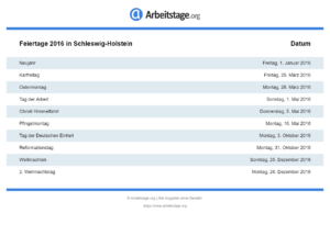 Feiertage 2016 Schleswig-Holstein