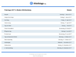 Feiertage 2017 Baden-Württemberg