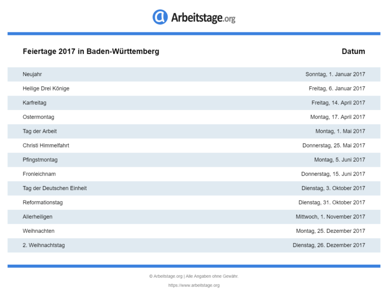 Feiertage 2017 in Baden-Württemberg • Termine & Infos