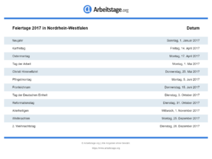 Feiertage 2017 Nordrhein-Westfalen