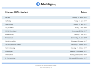 Feiertage 2017 Saarland