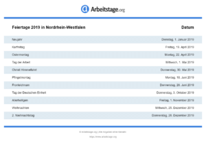 Feiertage 2019 Nordrhein-Westfalen