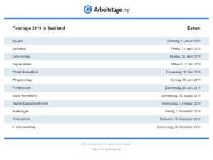 Feiertage 2019 Saarland