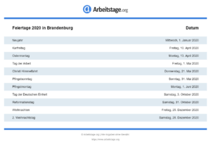 Feiertage 2020 Brandenburg