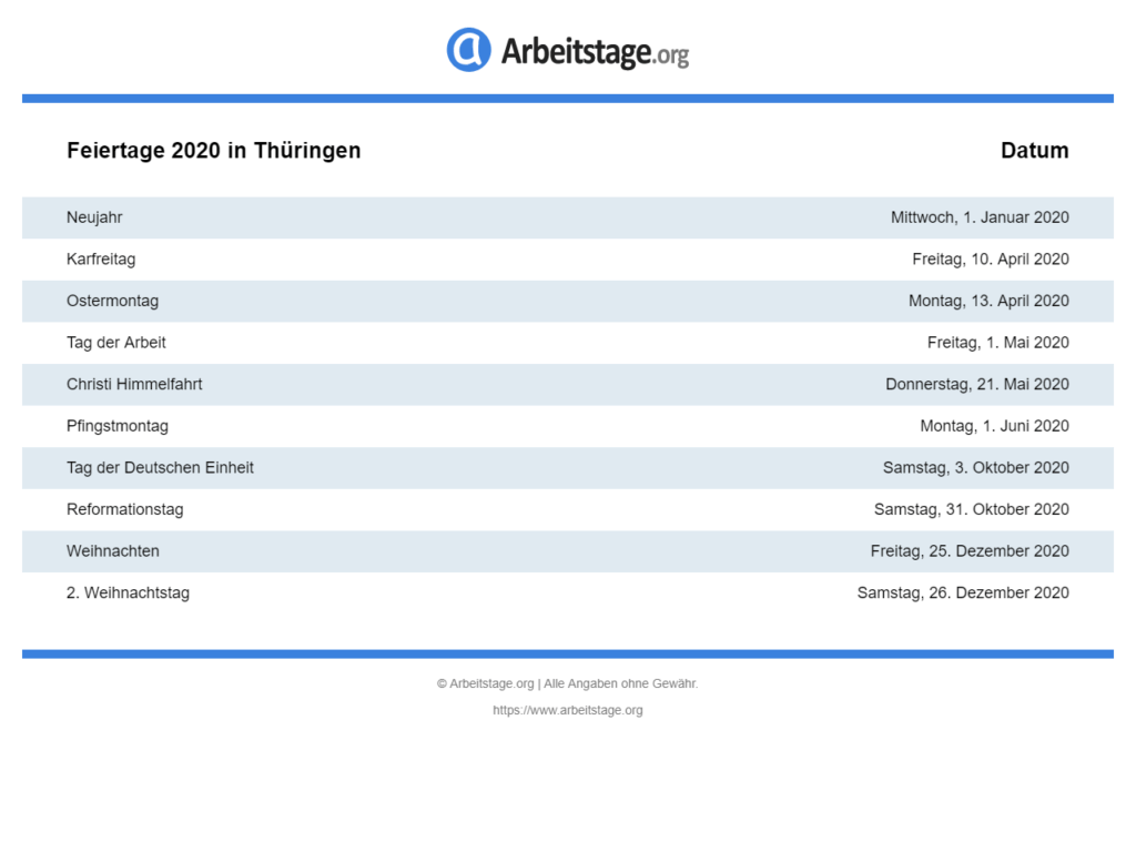 Feiertage 2020 in Thüringen • Termine & Infos