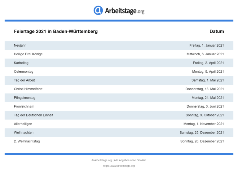 Feiertage Baden-Württemberg 2021 (BW)