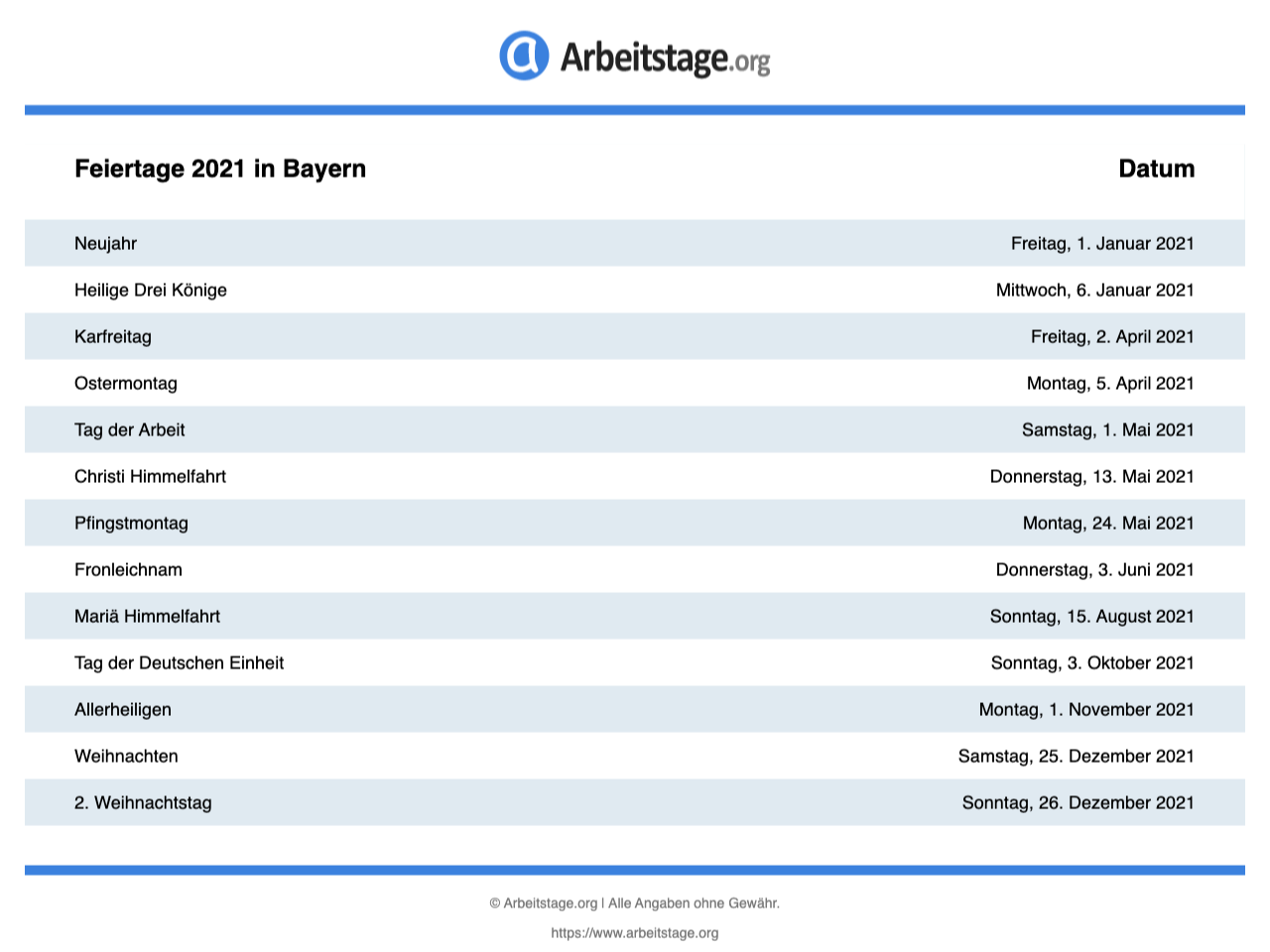 Gesetzliche Feiertage Bayern 2021, 2022, 2023