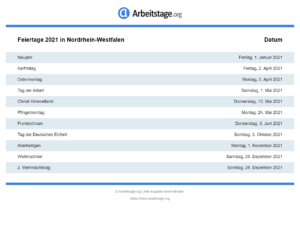 Feiertage 2021 Nordrhein-Westfalen