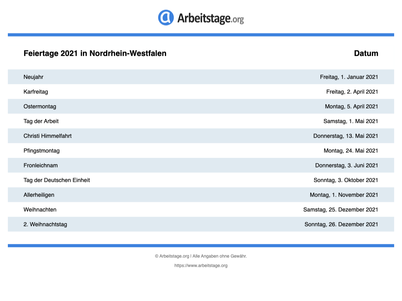 Gesetzliche Feiertage Nordrhein-Westfalen 2019, 2020, 2021