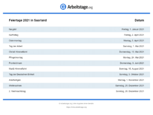 Feiertage 2021 Saarland