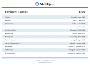 Feiertage 2023 Saarland