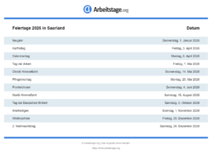 Feiertage 2026 Saarland