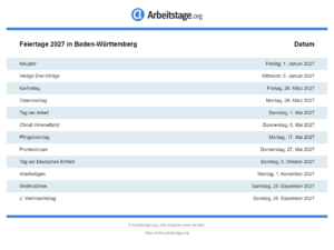 Feiertage 2027 Baden-Württemberg