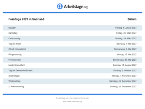 Feiertage 2027 Saarland