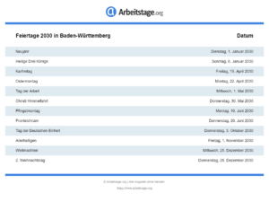 Feiertage 2030 Baden-Württemberg