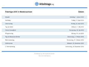 Feiertage 2030 Niedersachsen