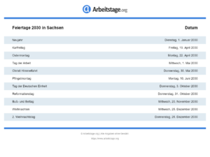 Feiertage 2030 Sachsen