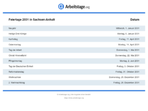 Feiertage 2031 Sachsen-Anhalt