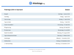 Feiertage 2034 Saarland