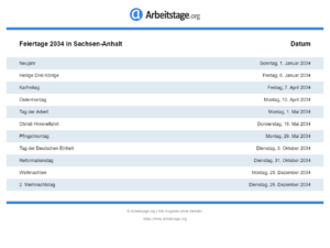 Feiertage 2034 Sachsen-Anhalt