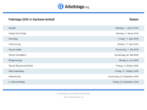 Feiertage 2036 Sachsen-Anhalt